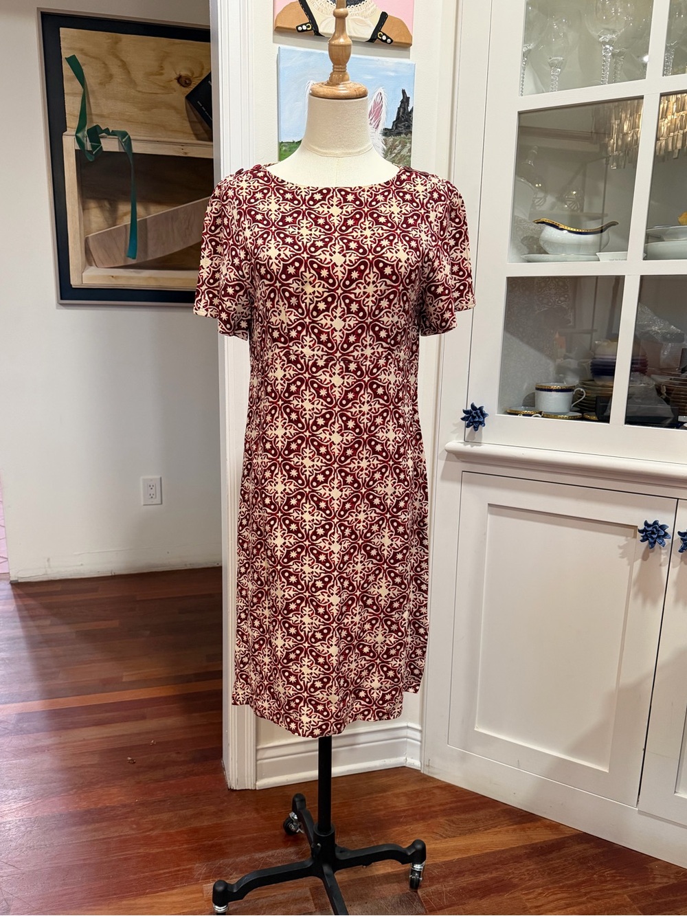 Chloe Burgundy and Cream Patterned Short-Sleeve Dress